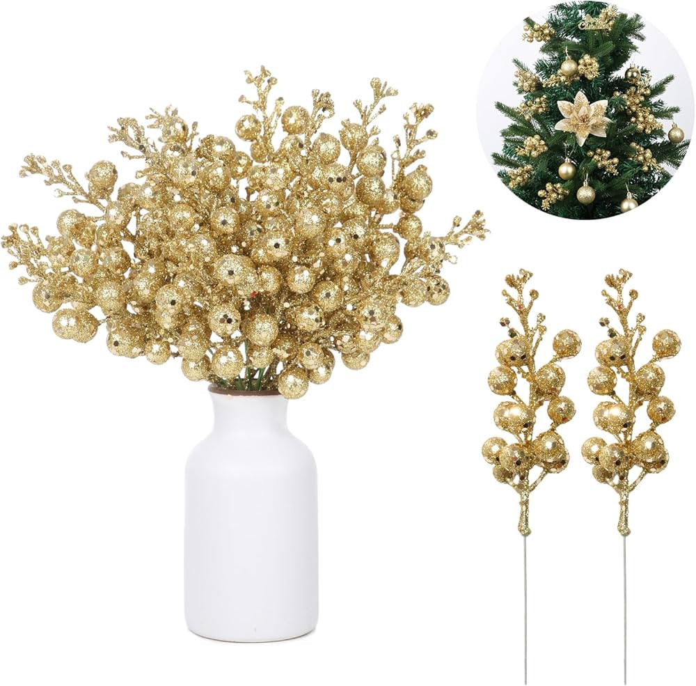 14 Pack 7.8 Inch Christmas Gold Berry Stems for Christmas Tree, Glitter Berry Picks, DIY Wreaths,... | Amazon (US)