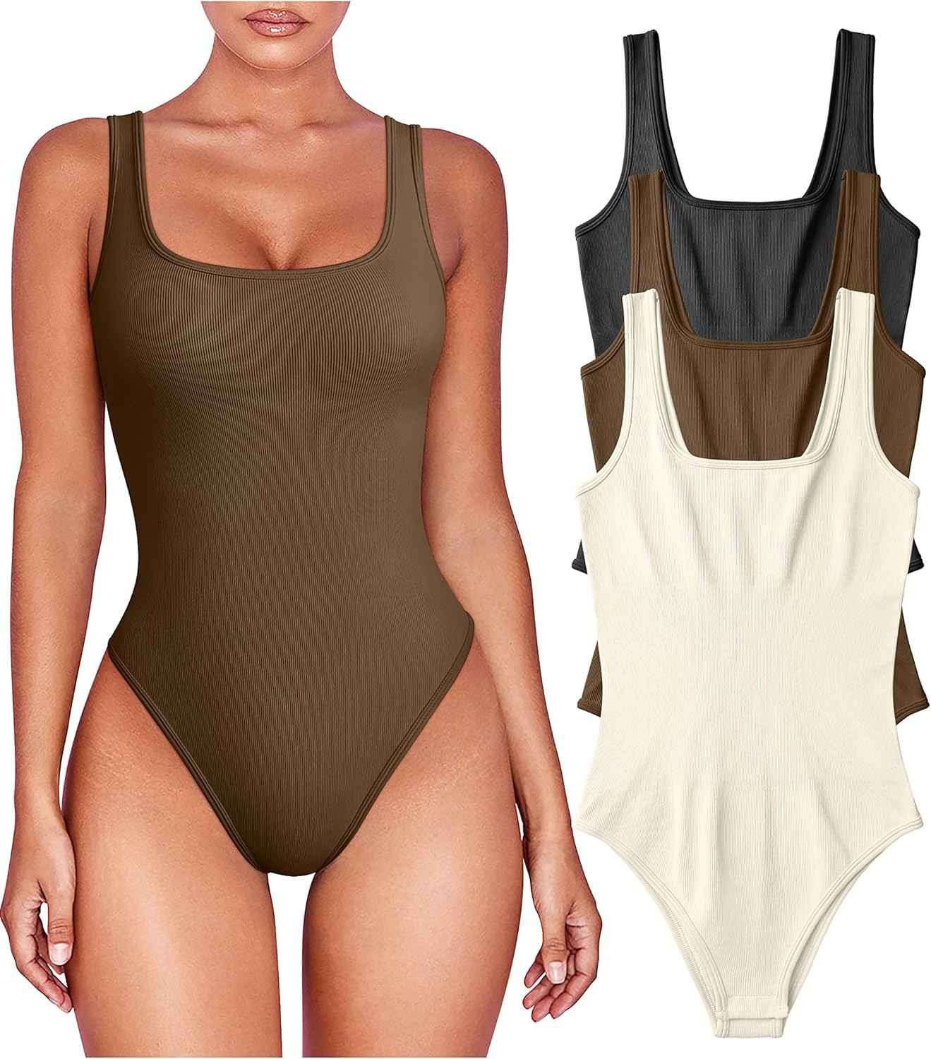 OQQ Women's 3 Piece Bodysuits Sexy Sleeveless Square Neck Shapewear Tank Tops Bodysuits | Amazon (US)