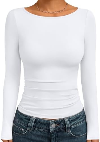 Trendy Queen Women's Boat Neck Tops Long Sleeve Shirts Casual Fitted Tee Shirts Solid Color Fall ... | Amazon (US)