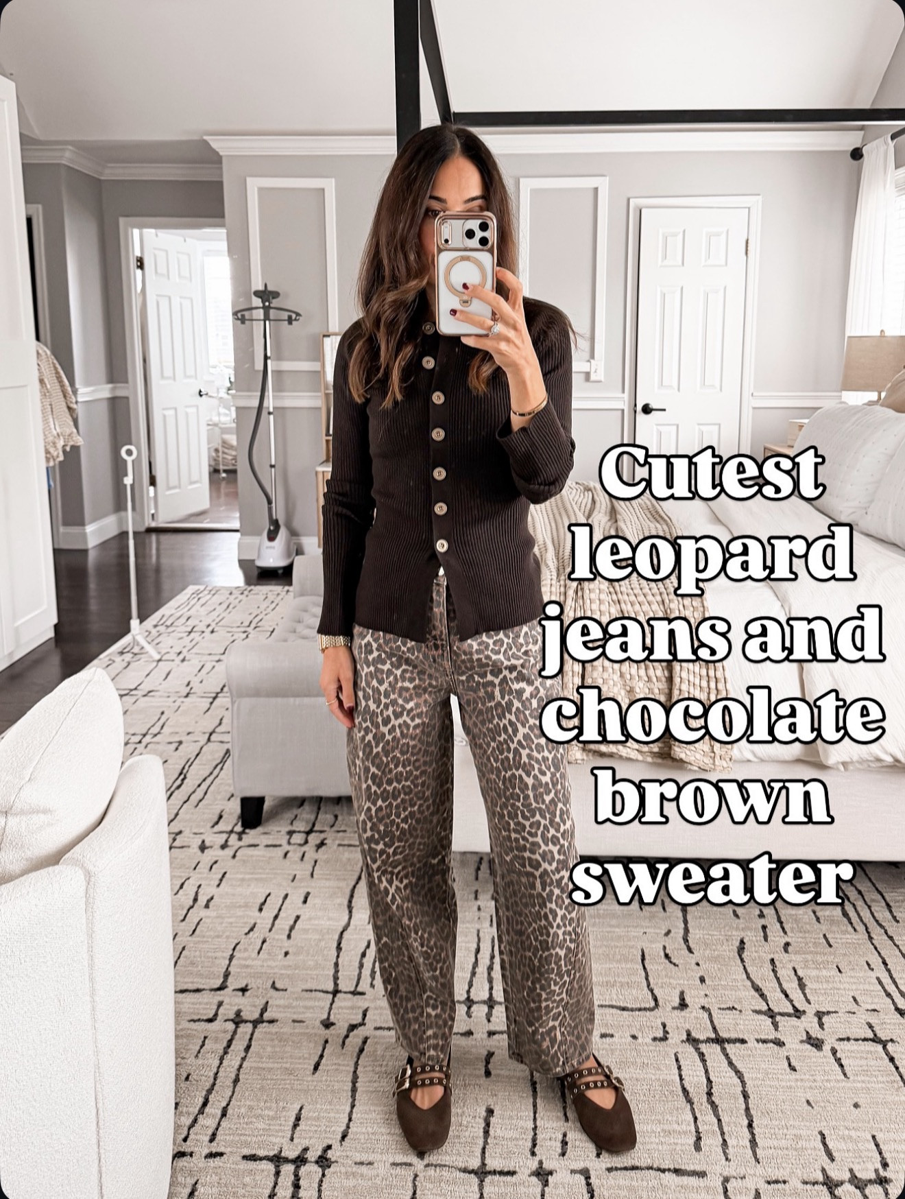 Obsessed with this combo — leopard jeans + chocolate brown sweater 💕 Such a fun twist on neutrals. Jeans run TTS, sweater is an xs 

#LTKHoliday #LTKGiftGuide #LTKSeasonal