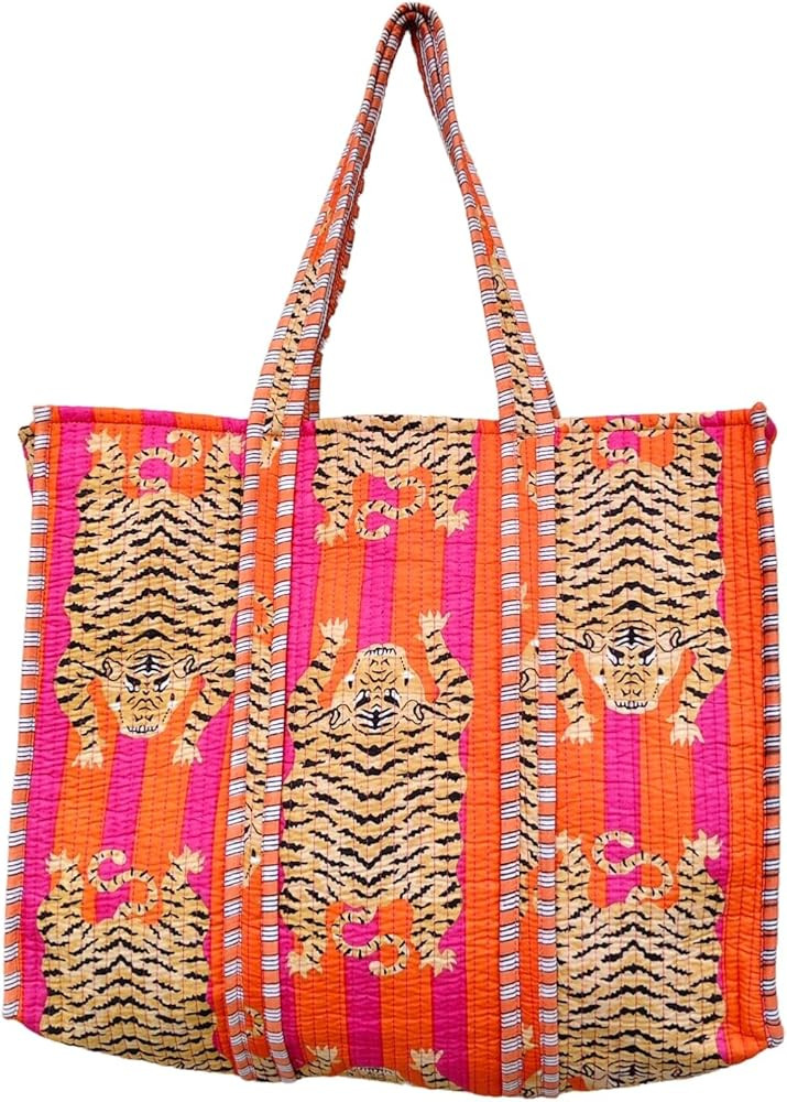 Generic Quilted Cotton Handprinted Reversible Tote Bag, Indian Block Print, Pink & Orange Stripe,... | Amazon (US)