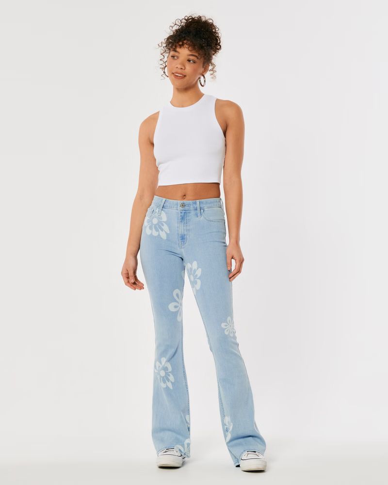 High-Rise Light Wash Floral Print Flare Jeans | Hollister (US)