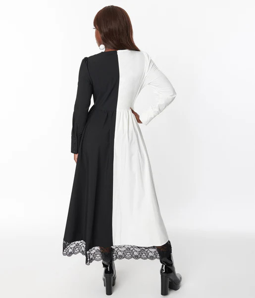 1970s Black & White Sisters of the Moon Maxi Dress | UniqueVintage
