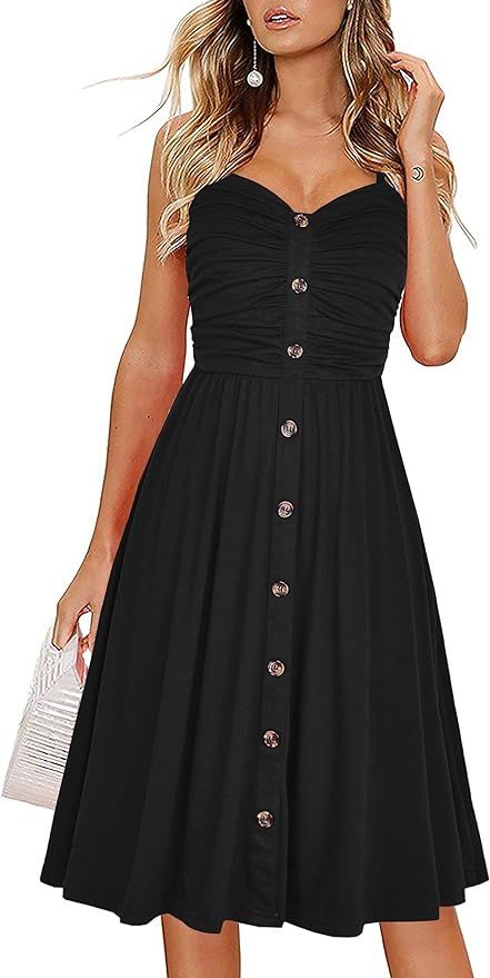 Drimmaks Women's Summer Casual Dress Florals Buttons Down Ruched Sweetheart Neck Sleeveless Midi ... | Amazon (US)