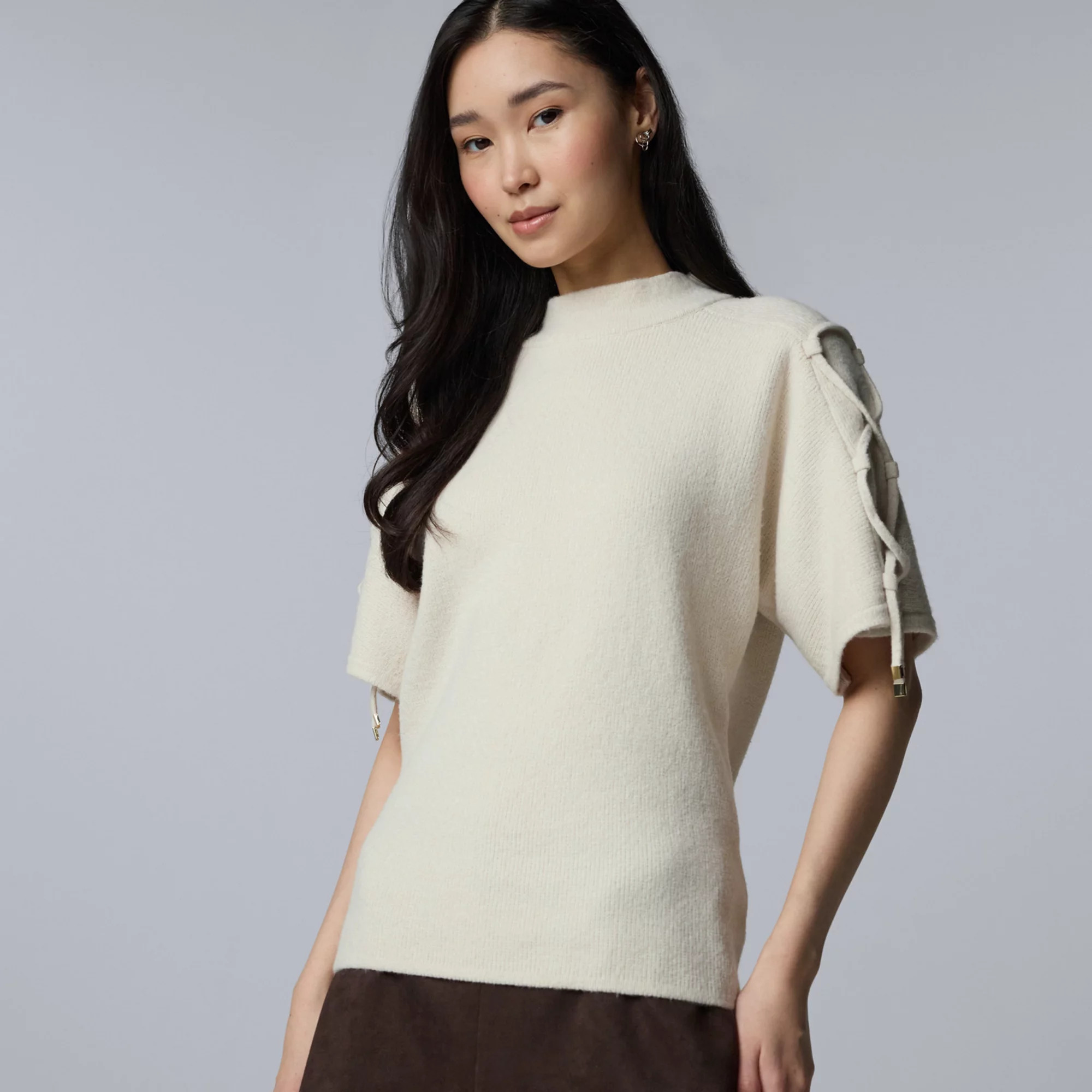 Women's Simply Vera Vera Wang Lace Up Short Sleeve Sweater, Size: XXL, Cloud Ivory | Kohl's