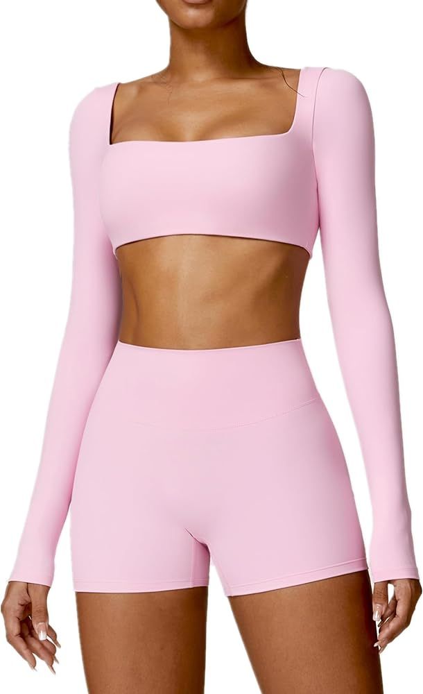 ABOCIW Workout Sets for Women 2 Piece Square Neck Long Sleeve Crop Tops High Waist Biker Shorts G... | Amazon (US)