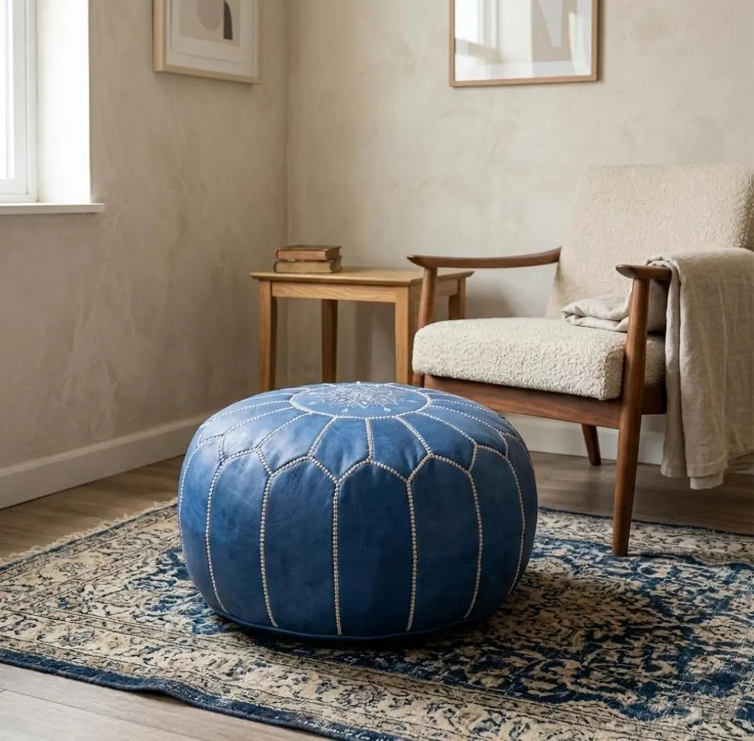 Handmade Blue Leather Moroccan Pouf Ottoman – Boho Chic Floor Cushion Seat - Etsy | Etsy (Global)