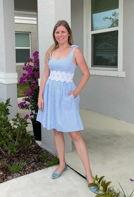 Blue seersucker and lace dress with pockets from Lilly Pulitzer. 