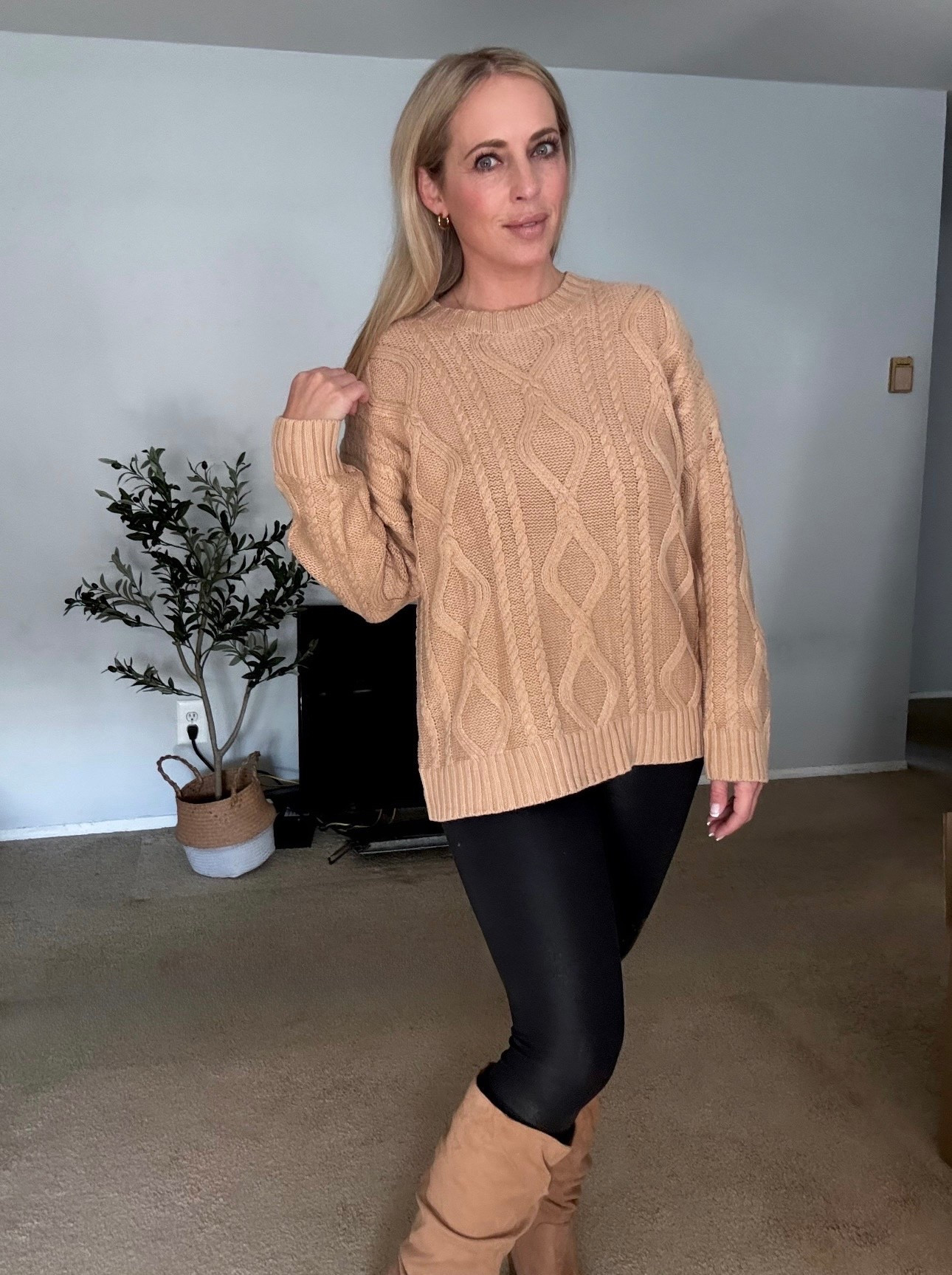 Neutral fall outfit. Wearing L in cable knit sweater, XL in leggings and 9.5 in boots. 


#LTKSeasonal #LTKFindsUnder50 #LTKMidsize