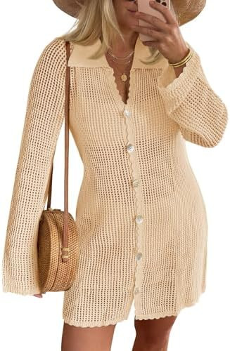Saodimallsu Womens Crochet Swimsuit Coverup Button Down Long Sleeve Cardigan Mini Dress Beach Cov... | Amazon (US)