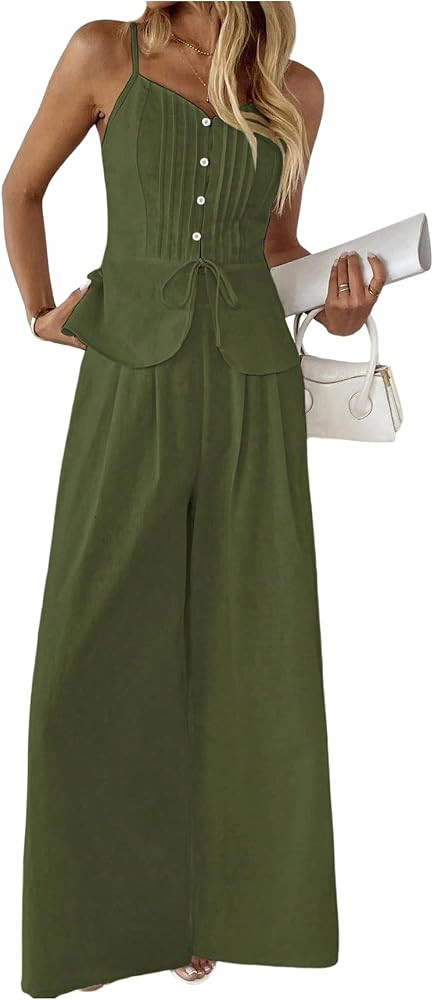 SOLY HUX Women's 2 Piece Outfit Button Down Peplum Cami Wide Leg Pants Set | Amazon (US)