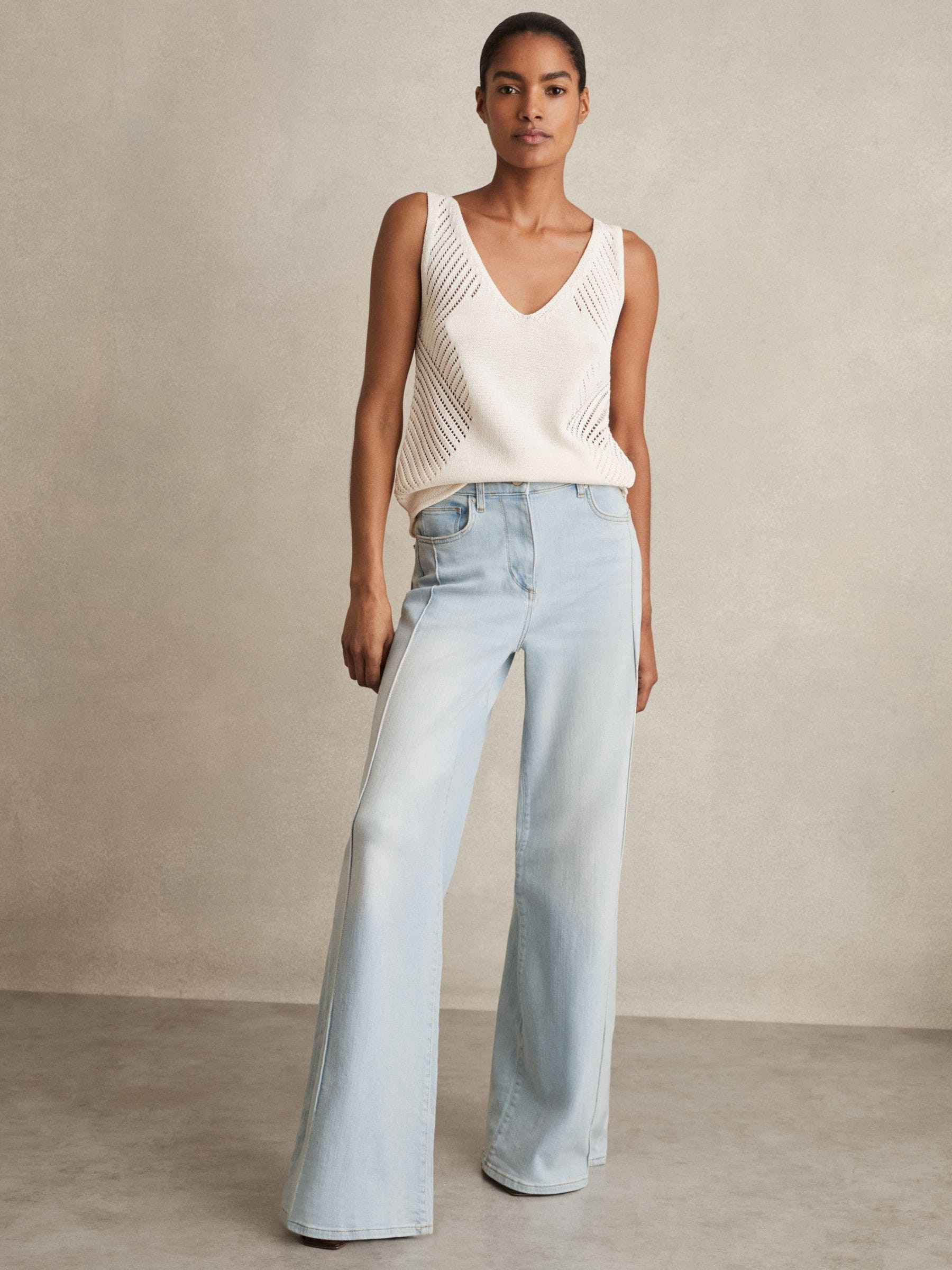 Reiss Reiss Light Blue Heather Stretch-Cotton Wide-Leg Jeans | Next EU