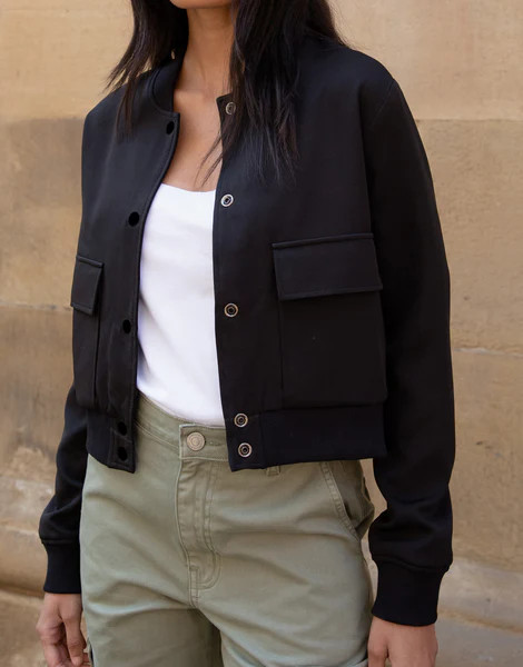 Women's Black Patch Pocket Bomber Jacket | Threadbare