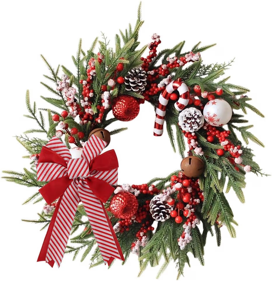 Christmas Wreaths for Front Door Outside Decor, 20" Candy Canes Ball Ornaments Snowflake Pine Bra... | Amazon (US)