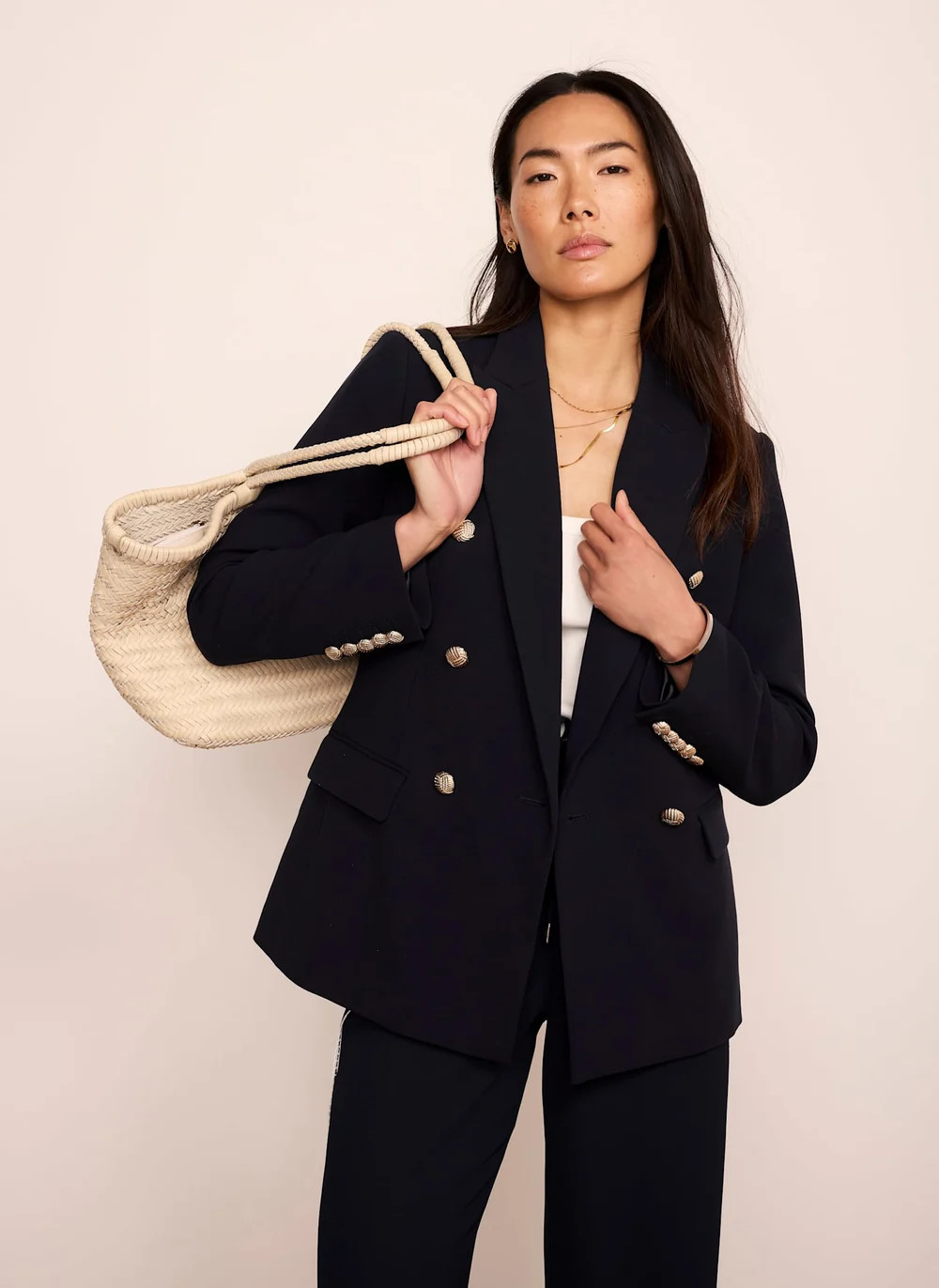 Navy Double Breasted Button Detail Blazer | Mint Velvet