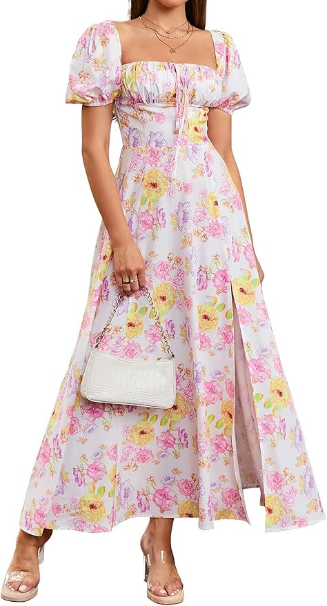 Women's Summer Puff Sleeve Floral Split Maxi Dress Flowy A Line Casual Beach Long Dresses | Amazon (US)