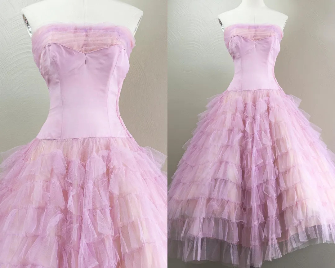 Frilly 50s Pink Tulle Drop Waist Party Dress, Strapless, Tiered Skirt, Extra Small | Etsy (Global)