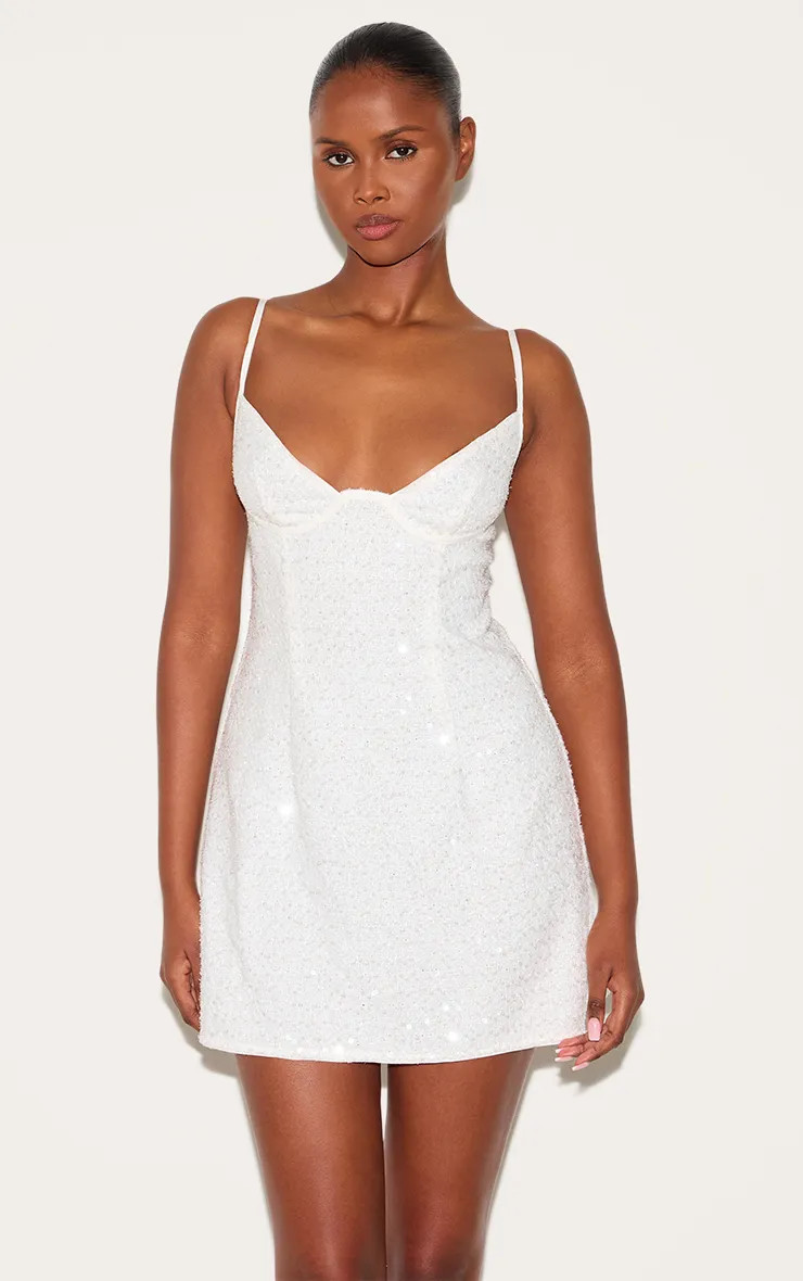 White Textured Sequin Corset Strappy Bodycon Dress | PrettyLittleThing USA | PrettyLittleThing US
