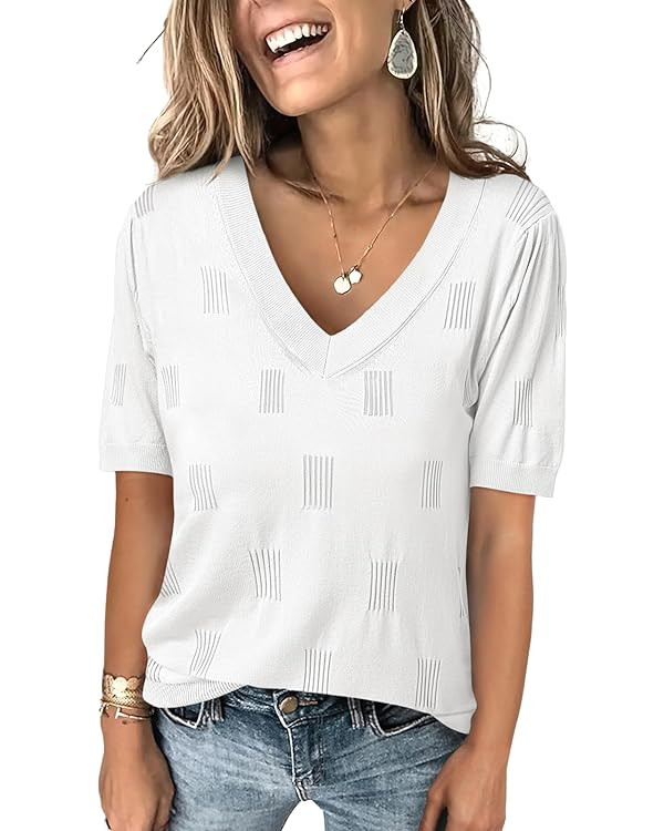 ANRABESS Womens Tops Short Sleeve V Neck Sweaters 2024 Summer Trendy Lightweight Thin Knit Dressy... | Amazon (US)