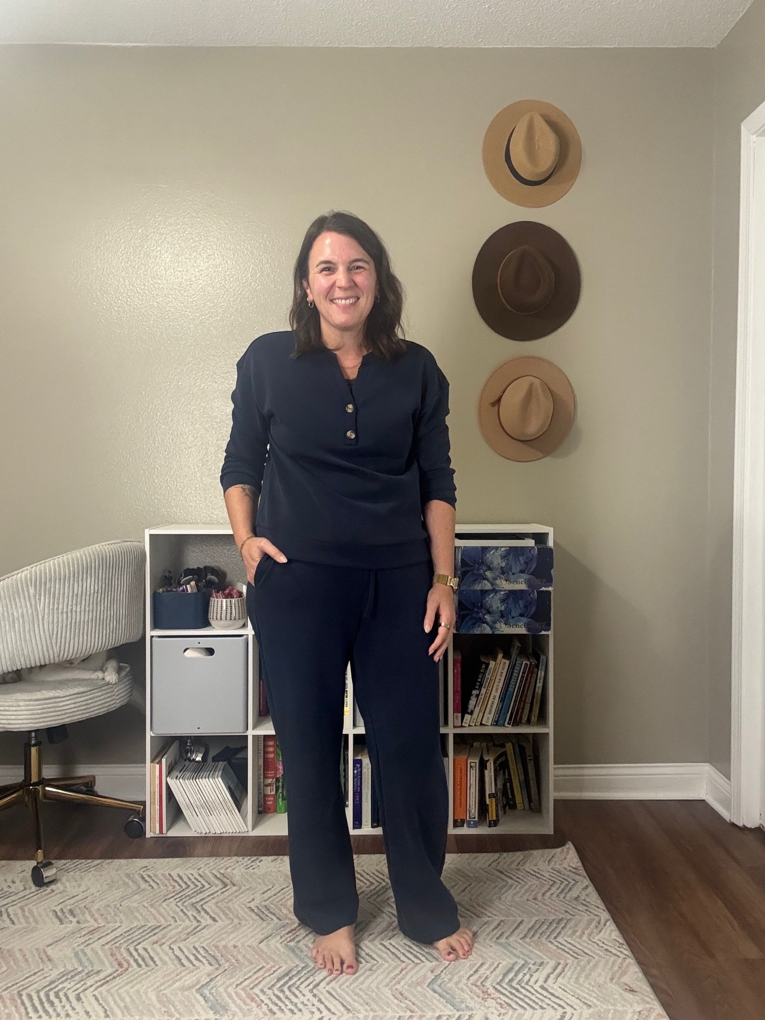 Work from home outfit of the day. 

This cute set has a nice top for those virtual meetings and cozy pants. And it went right into errands after work.

It also comes in black and beige. I’m in a medium.