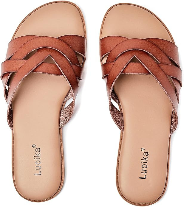 Luoika Women's Wide Width Flat Slides Sandals, Slip on Slide Sandal Casual Comfortable Summer Bea... | Amazon (US)