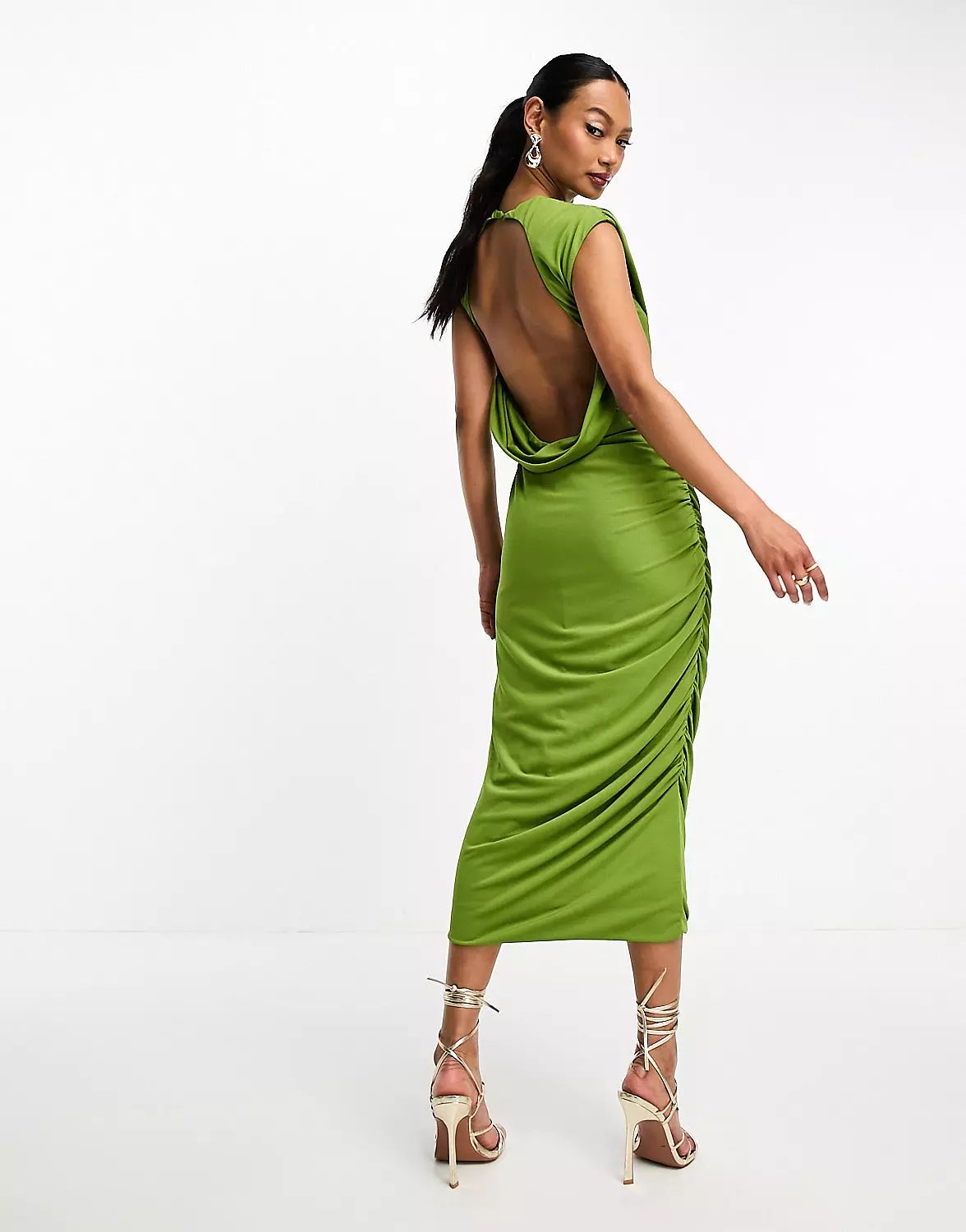 ASOS DESIGN high neck ruched wrap around midi dress in olive green | ASOS (Global)