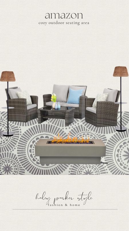 Cozy outdoor seating area, all from Amazon.



Couch outdoor set, outdoor area rug, outdoor floor lamp, outdoor fire pit, outdoor patio set

#LTKstyletip #LTKhome