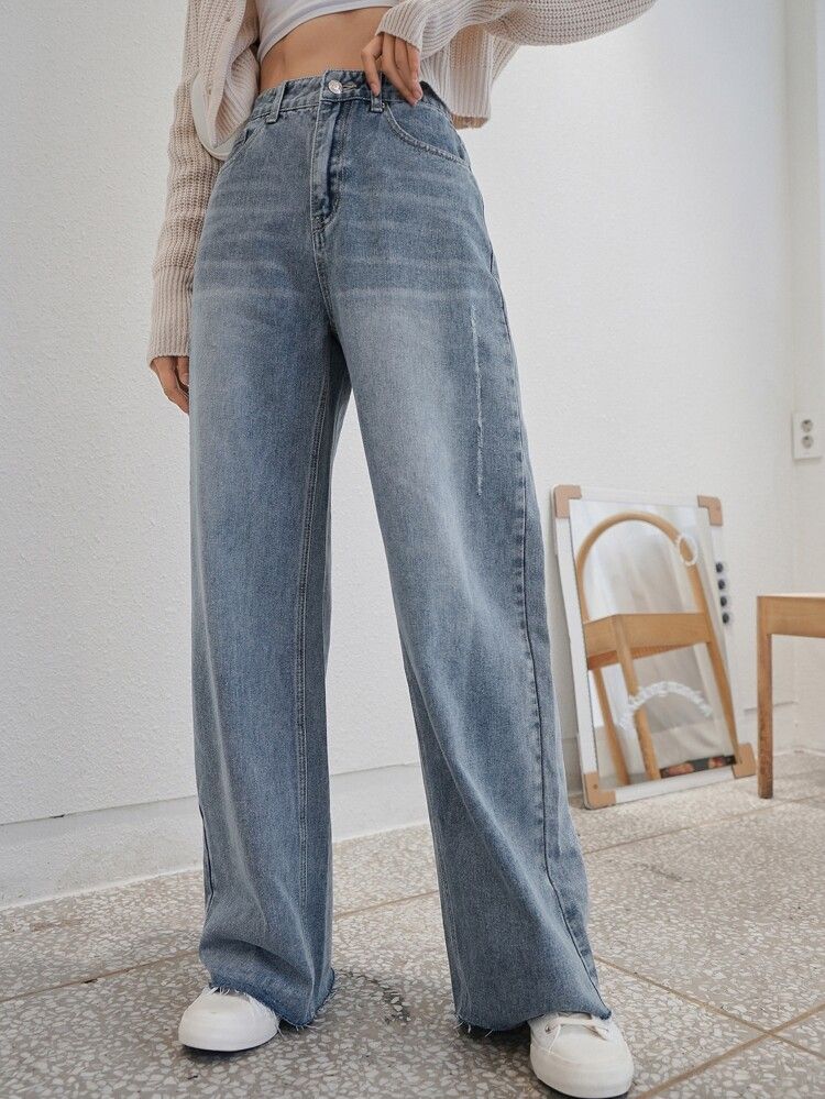 DAZY High Waist Slant Pocket Raw Cut Jeans | SHEIN
