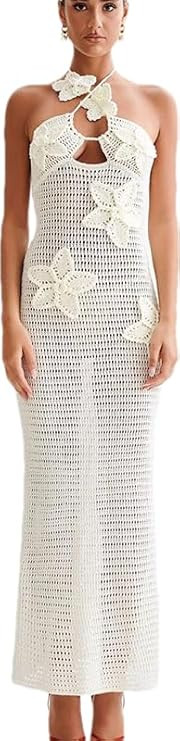 RanRui Women's Halter 3D Flower Knitted Hollow Out Beach Dress balckless Open Back Swimsuit Cover... | Amazon (US)