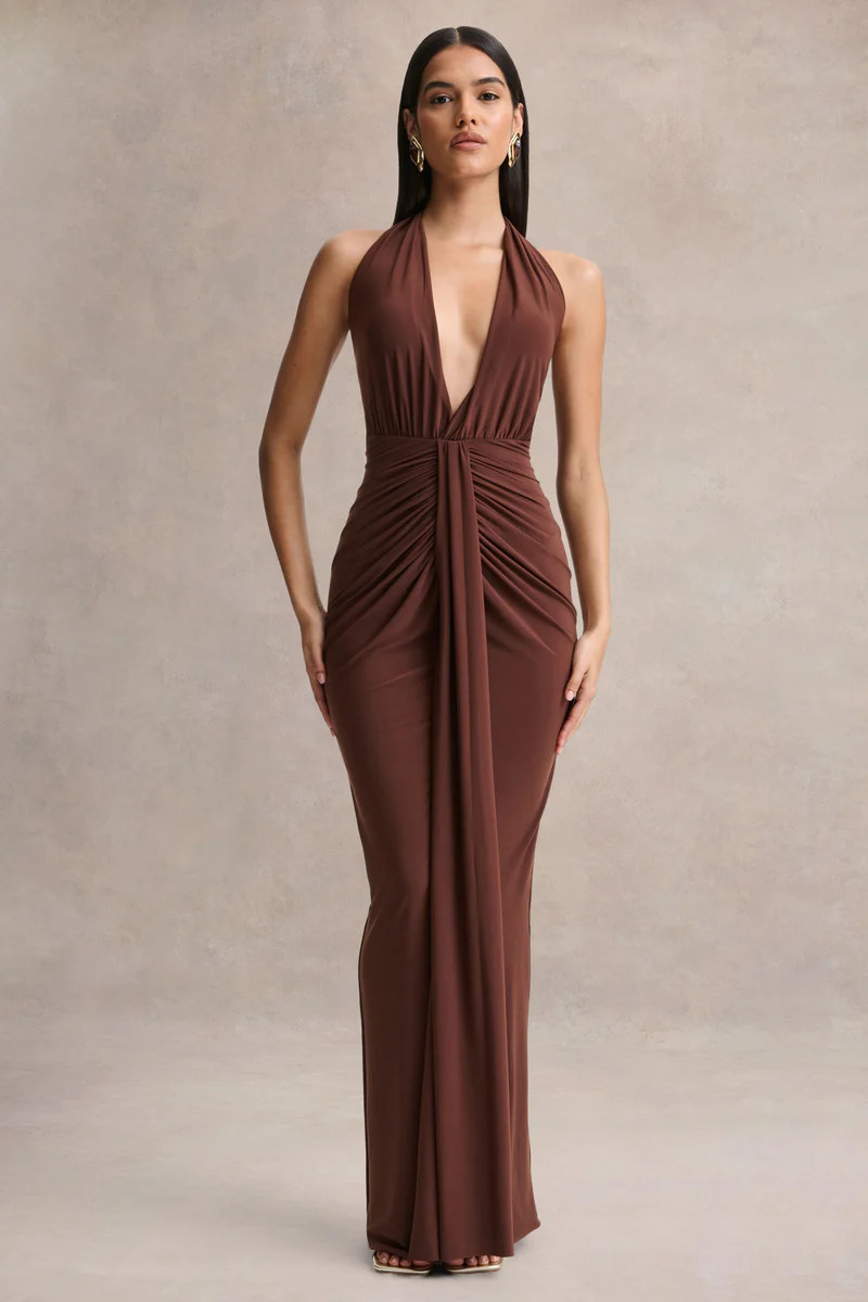 Lesley  Brown Plunge-Neck Maxi Dress | Club L London