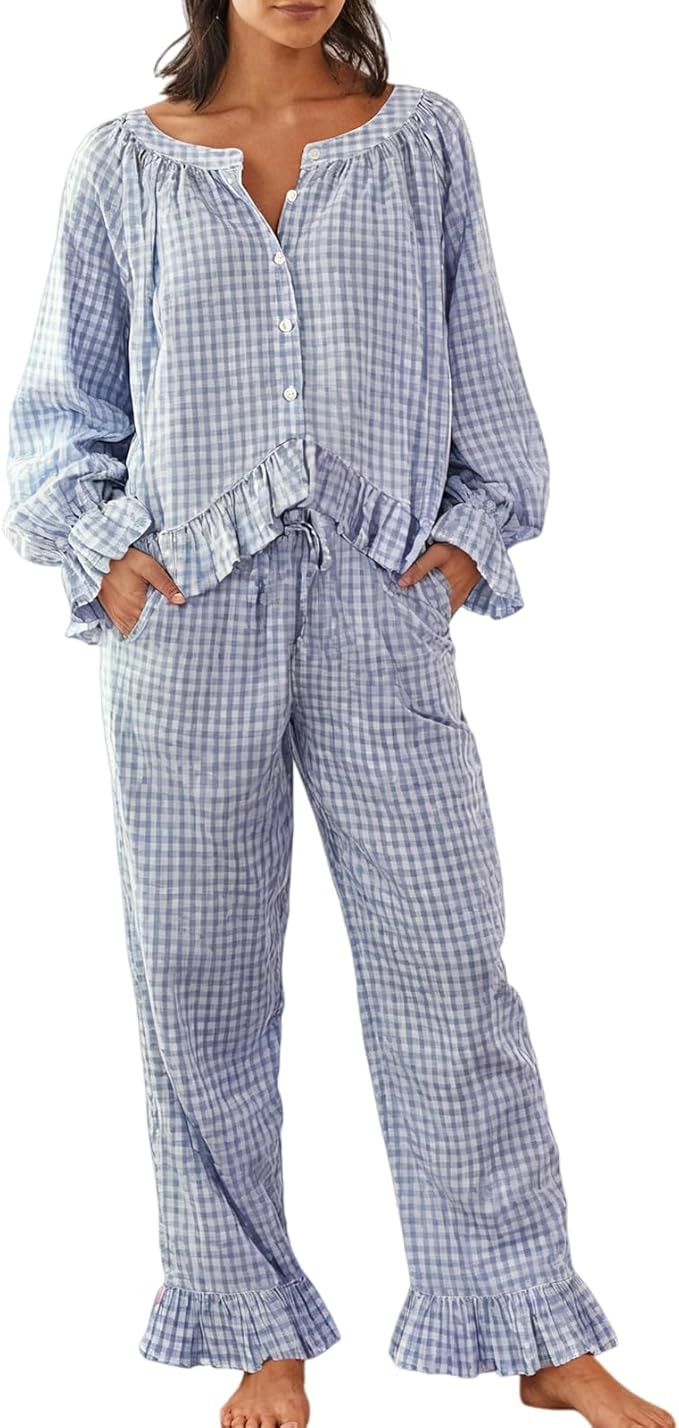 WOWULOVELY Womens Long Sleeve Gingham Pajama Set 2 Piece Plaid Cotton Babydoll Shirt and Leg Pant... | Amazon (US)