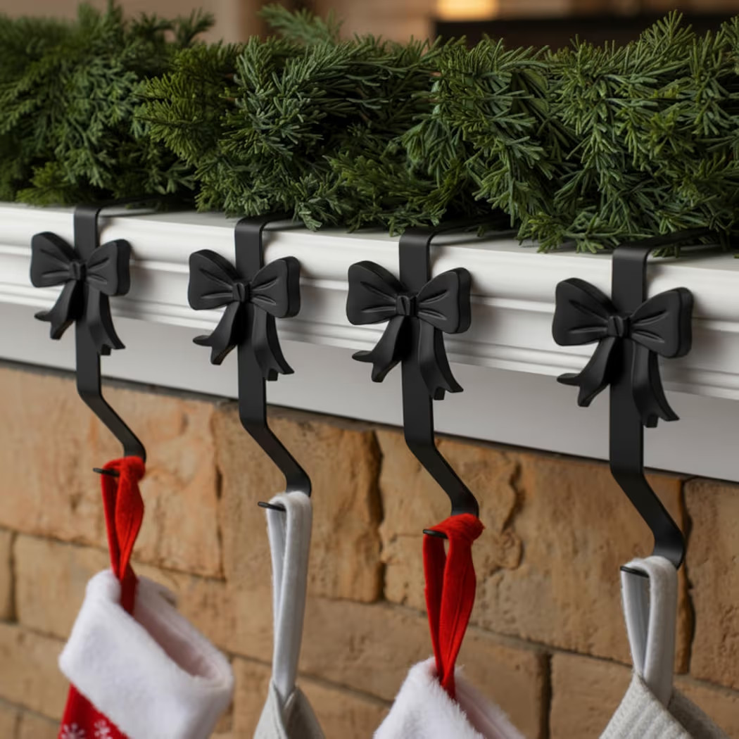 Shimeyao 4 Pcs Black Bow Christmas Stocking Holder Heavy Duty Cast Iron Stocking Hooks Non-Slip F... | Amazon (US)
