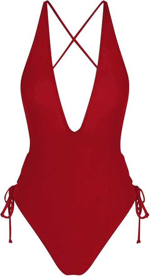 ZAFUL Women Plunging One Piece Swimsuit Backless Cross Tie High Cut Thong One-Piece Bathing Suit | Amazon (US)