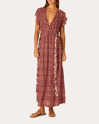 Natalie Martin Women's Monica Mosaic V-Neck Maxi Dress in Red Rayon | Olivela
