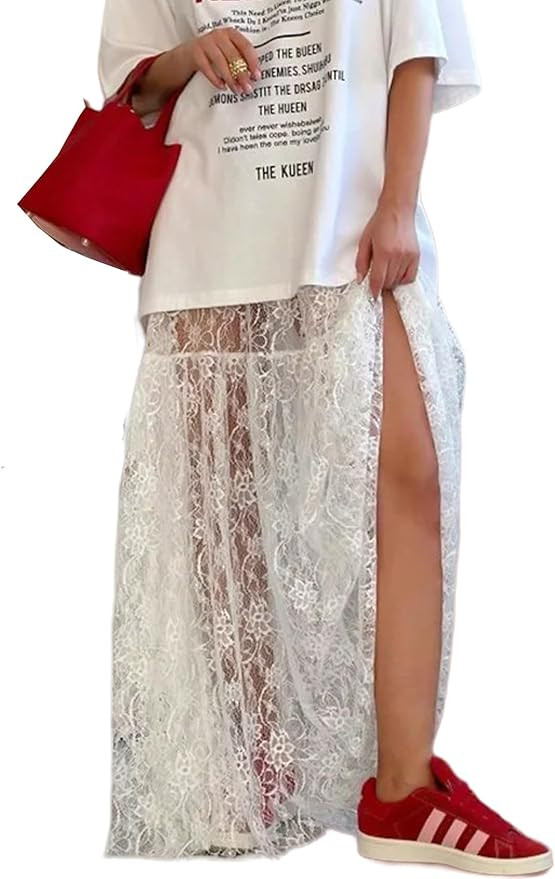 Perbai Women's Sexy Sheer Lace Skirt High Waisted Floral Embroidered Ruffled A Line Long Maxi Bea... | Amazon (US)