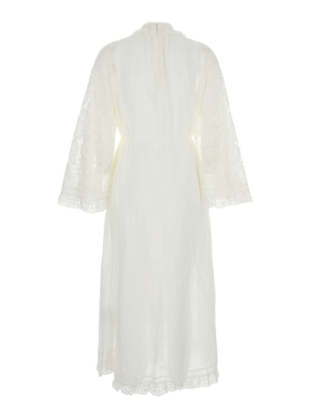 Zimmermann ascension Lace Yoke White Midi Dress With Lace Embellishment And Stand-up Collar In Ramie Woman | Italist.com US