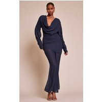 Navy Chiffon Extreme Cowl Neck Long Sleeve Maxi Dress | PrettyLittleThing US
