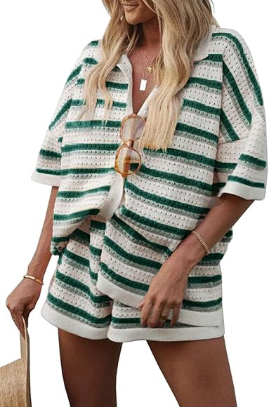Tankaneo Womens Knit 2 Piece Pajama Sets Color Block Striped Short Sleeve Button Top and Shorts C... | Amazon (US)