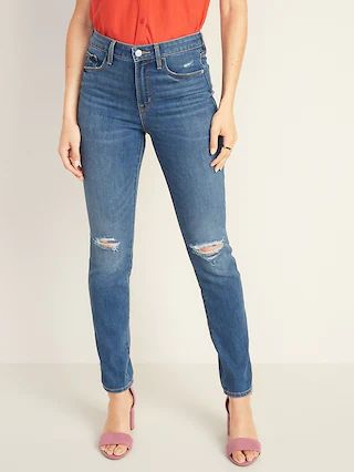 High-Waisted Distressed Power Slim Straight Jeans For Women | Old Navy (US)