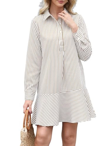 EZAPINE Womens Striped Shirt Mini Dress Long Sleeve Collared Ruffle Hem Button Up Tunic Flowy Swi... | Amazon (US)