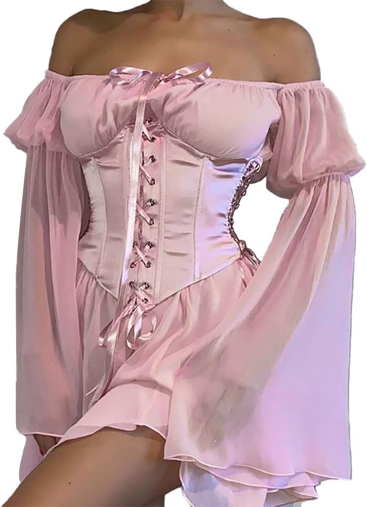 ETATNG Womens Two Piece Corset Dress Off Shoulder Bell Sleeve Summer Party Lace-Up Bustier Dress | Amazon (US)
