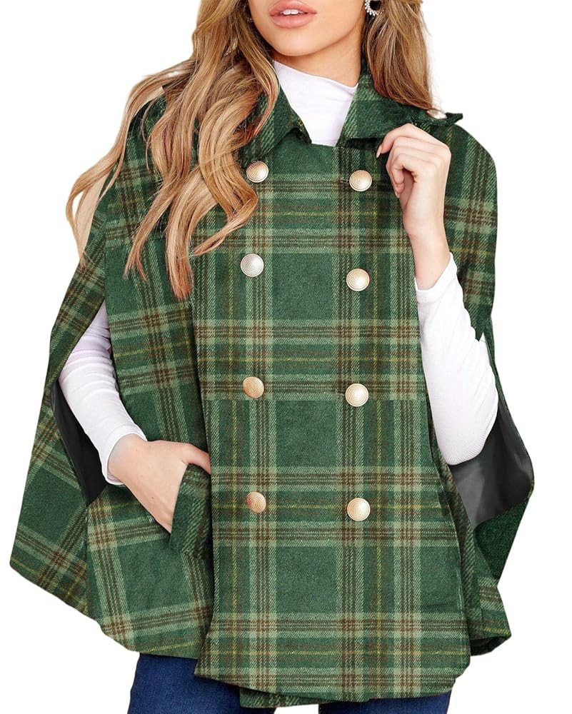 Womens Plaid Jacket Double Breasted Winter Cape Coats Turn Down Poncho with Pockets | Amazon (US)