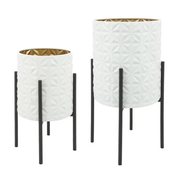 Sagebrook Home Set of 2 Geometric Planter on Metal Stand White/Gold/Black | Target