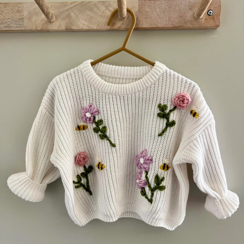 Baby and Toddler Flowers and Bees Sweater - Etsy | Etsy (US)