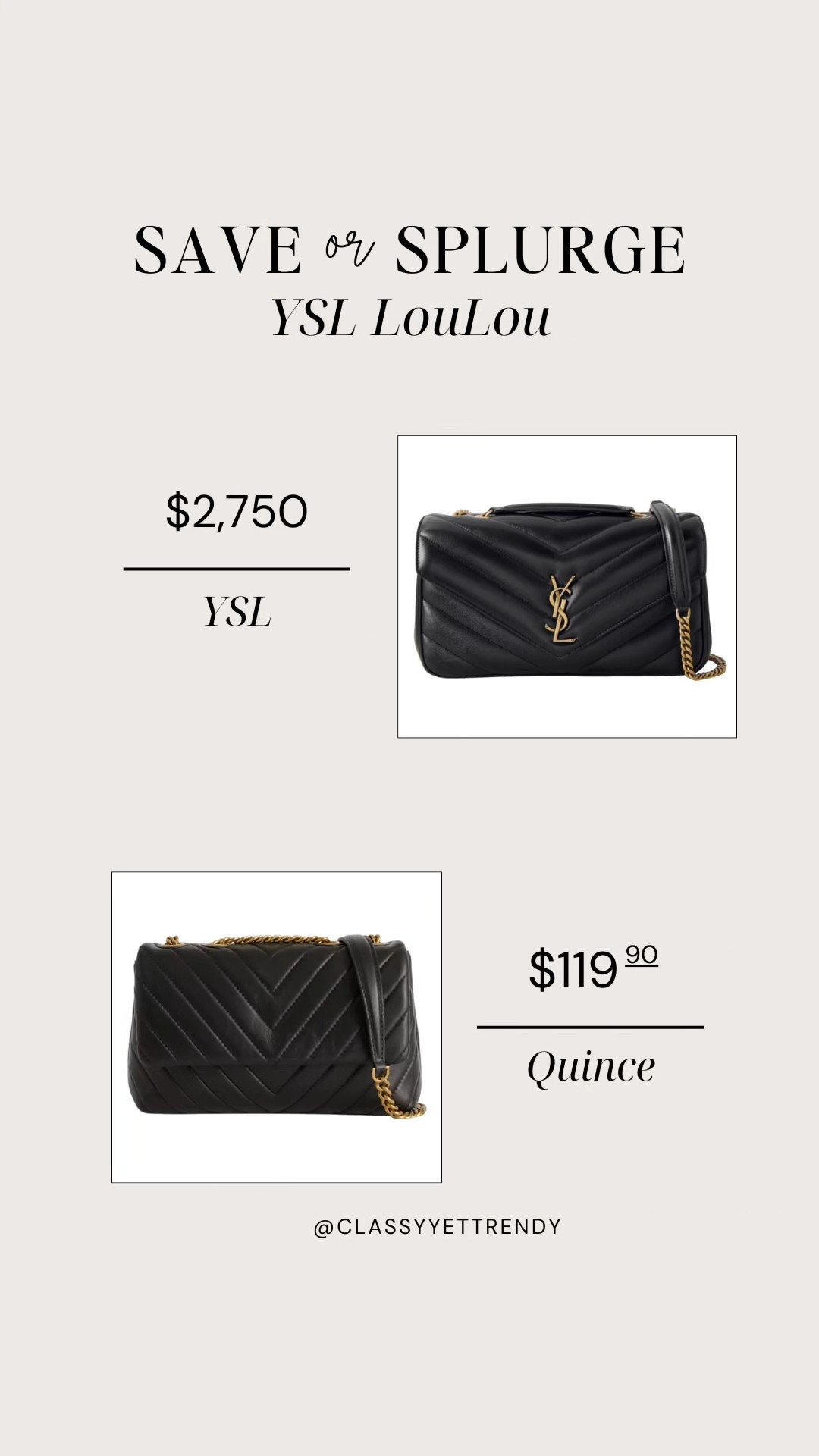 Save or Splurge handbag edition 🎉 Which is your favorite: the designer version or designer-inspired style?

YSL Saint Laurent Loulou, Quince, Polene Cyme, Amazon, Gucci Jackie, Strathberry Mosaic, Bottega Veneta Andiamo, Loewe Puzzle

#saveorsplurge #founditonamazon #amazonfashion #amazonfinds #styleinspo 