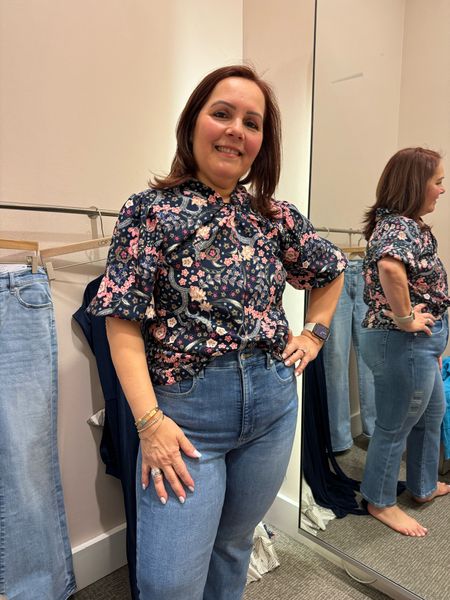 Cute floral blouse and jeans look! She’s wearing a medium petite top and 30 jeans. Both 40% off! 

#LTKsalealert #LTKfindsunder50 #LTKfindsunder100