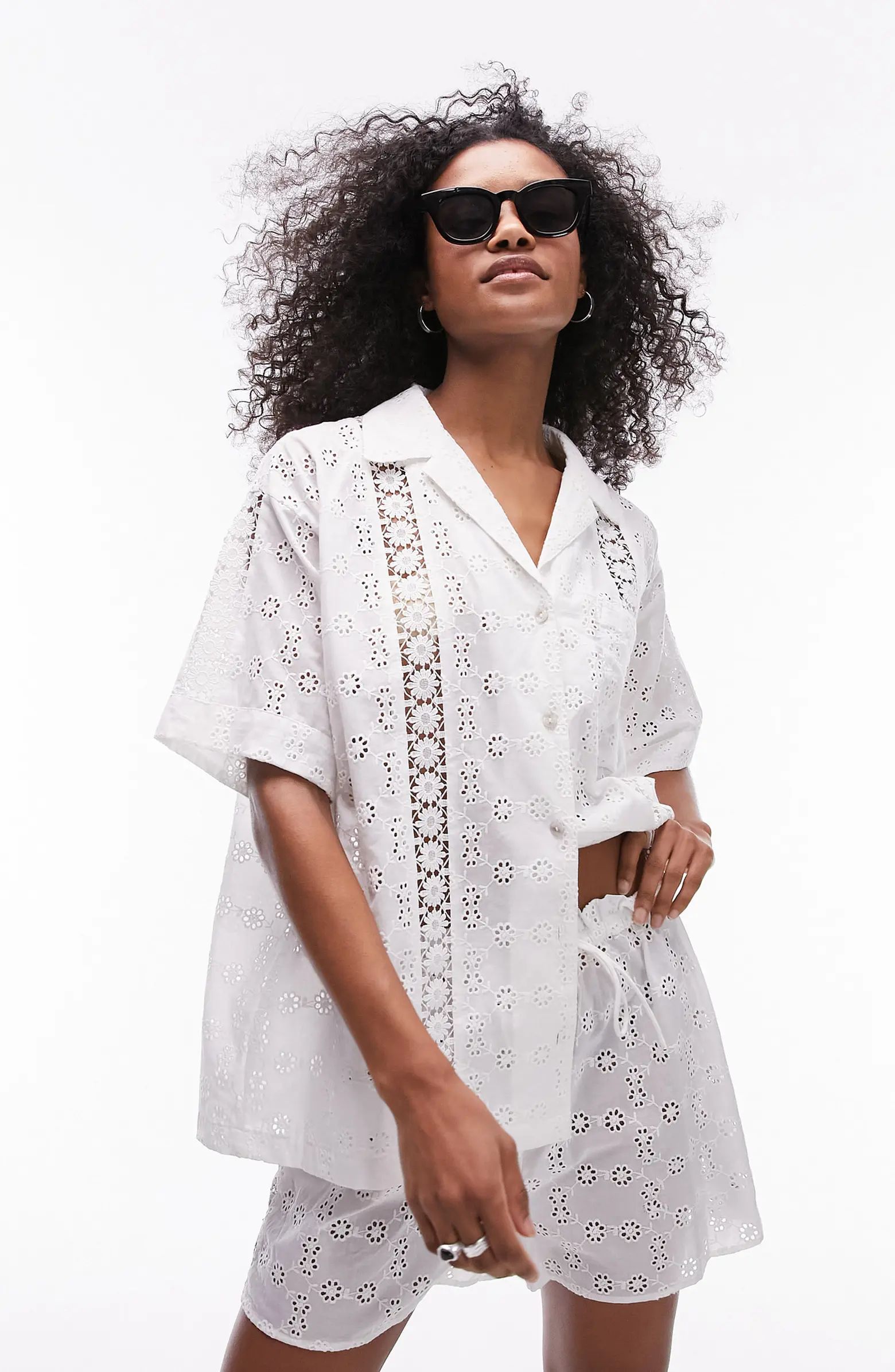 Topshop Eyelet Lace Inset Cotton Cover-Up Shirt | Nordstrom | Nordstrom