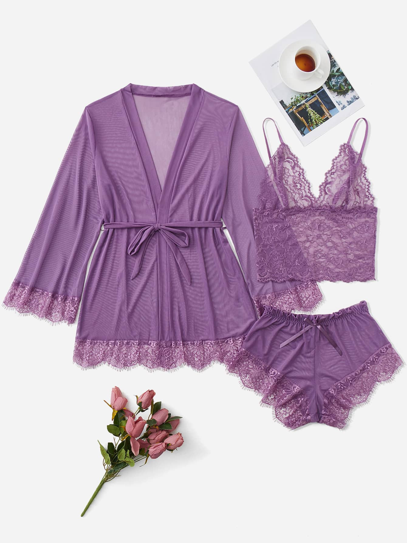4pack Contrast Lace Mesh Lingerie Set & Robe & Belt | SHEIN