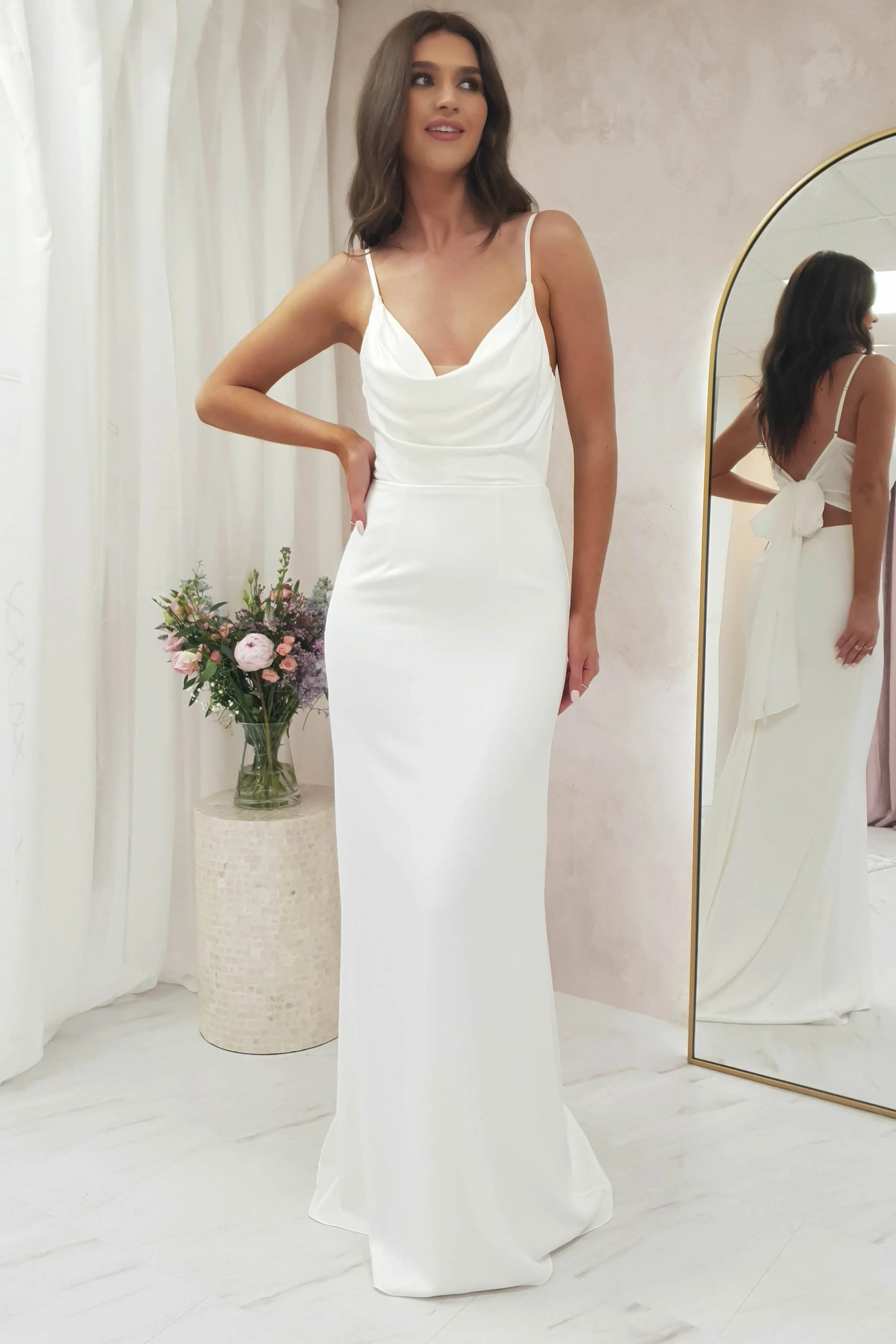 Denissa Long Bow Back Gown | White | Oh Hello Clothing