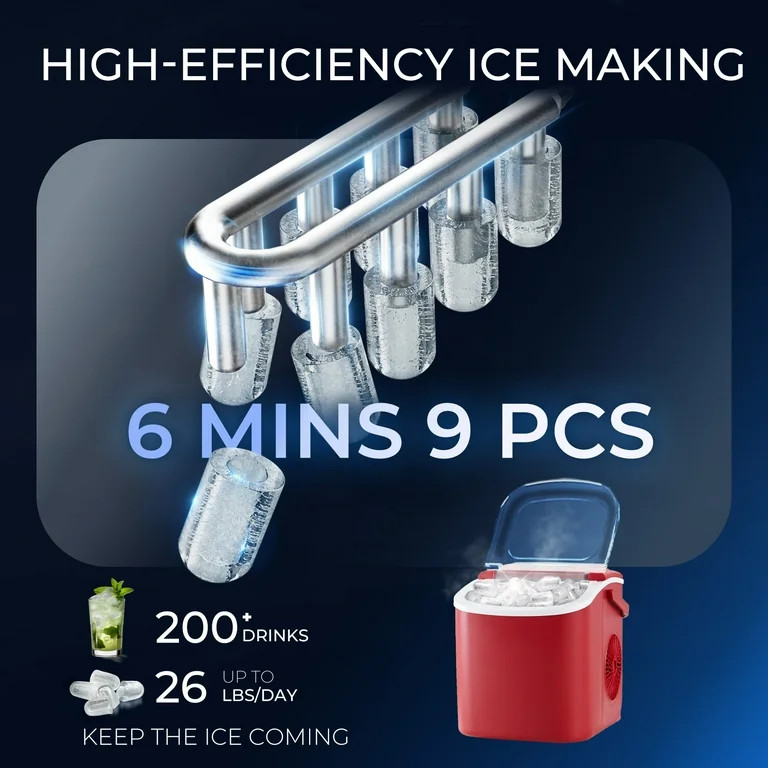 Simzlife 26 lbs/24H Countertop Ice Maker Machine, 9 Bullet-Shaped Ice in 6 Min, Auto-Cleaning | Walmart (US)